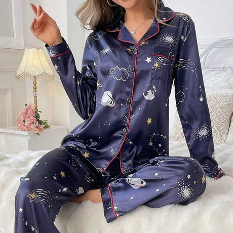 Women Satin Pajama Casual Sleepwear Home Clothes Suit Autumn Long Sleeve Button Up Top & Pants Nightwear Loungewear Pyjama Femme