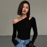 Fashion Skew Collar Off-shoulder Long-sleeved T-shirts Women Spring 2023 New Solid Slim Fit Crop Top Sexy Hollow Out Tees Shirts