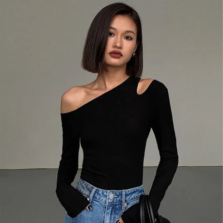 Fashion Skew Collar Off-shoulder Long-sleeved T-shirts Women Spring 2023 New Solid Slim Fit Crop Top Sexy Hollow Out Tees Shirts