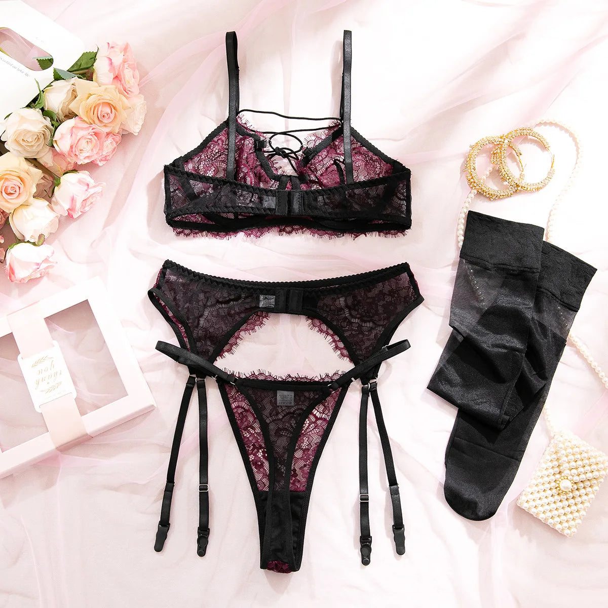 Women's 4-Piece Sheer Lace Lingerie Set Crisscross Strap Bra Garter Belt Long Socks Seductive Intimate Underwear