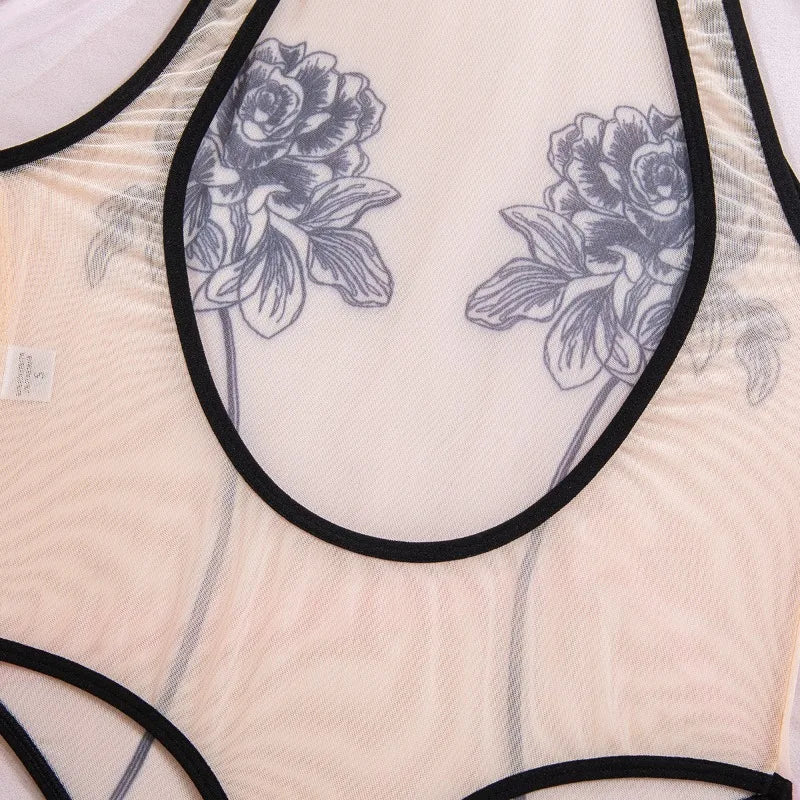 Toucheart Erotic Bodysuit Women's Printed Mesh Jumpsuit Sexy Intimate Hollow See-through Backless One-piece Underwear for Women
