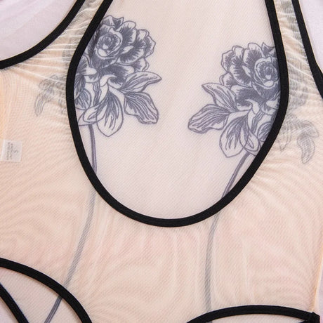 Toucheart Erotic Bodysuit Women's Printed Mesh Jumpsuit Sexy Intimate Hollow See-through Backless One-piece Underwear for Women