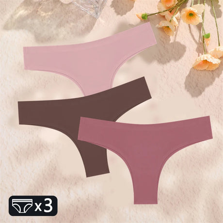 FINETOO 3PC Women Seamless Panties Sexy Brazilian Thong Female Low Waist Solid Color Briefs Comfortable Invisible G-string Panty