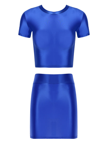 Womens Glossy Two-piece Outfit Oil Shiny Smooth High Waist Mini Skirt with Tank Top Nightclub Rave Outfit Pole Dancing Clubwear