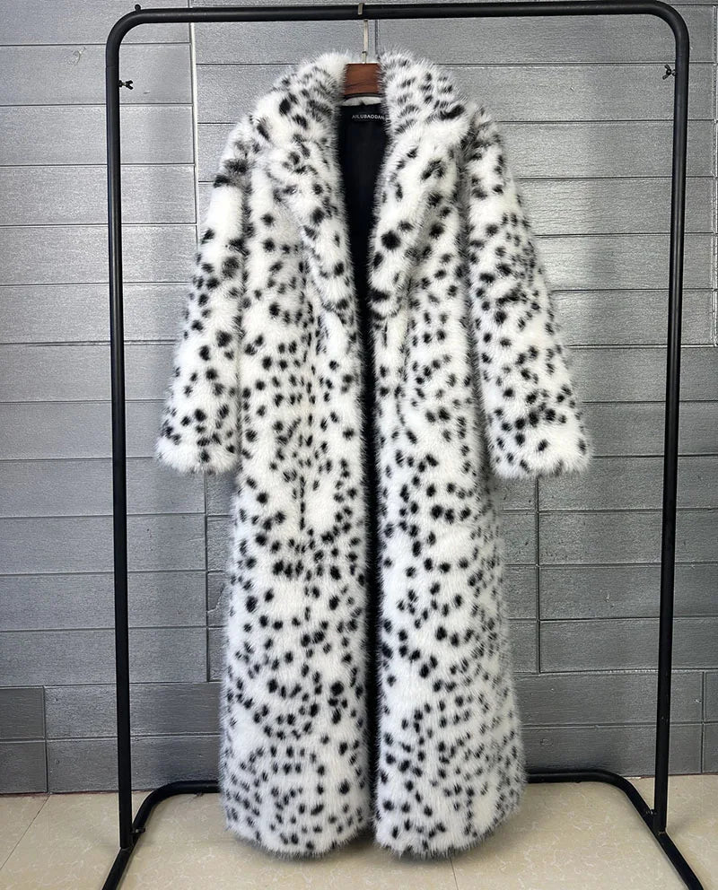 ZADORIN 130cm Long Thicken Lapel Cow Print White Brown Faux Fur Coat Woman Clothing Luxury Fluffy Jacket Winter Fur Coats Woman