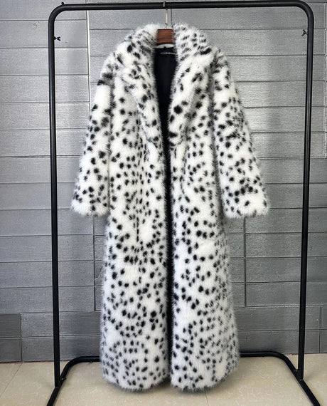 ZADORIN 130cm Long Thicken Lapel Cow Print White Brown Faux Fur Coat Woman Clothing Luxury Fluffy Jacket Winter Fur Coats Woman