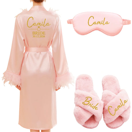 Personalized Name Date Wedding Feather Bride Robe Bridesmaid Bathrobe Nightwear Long Elegant Woman Gown Sexy Nightgown for Party