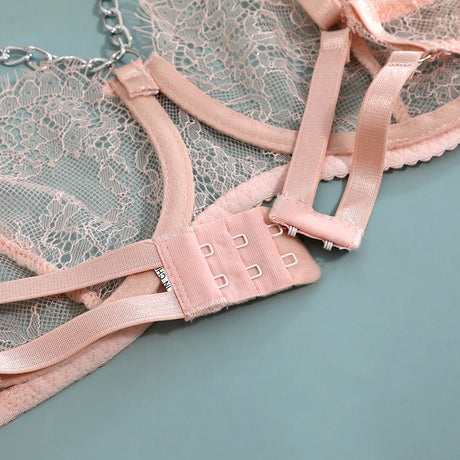 3-Piece Feather Decorated Lace Exotic Sets Women Sexy Patchwork Lingerie Set Chain Bra Panty Garter Underwear Kit For Female
