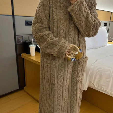 Winter Long Sleeve Double Pocket Flannel Nightgowns Women Loose Solid Sleepwear Jacquard Night Dress Thickened Warm Nightdress