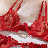 Red Bondage Lingerie Set Women Gold Chain Lace Harness Unlined Underwire Bra Garter Belt Thigh Rings Gothic Punk Exotic Apparel