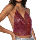 Sexy Metal Sequins Tank Top For Women 2025 Summer V Neck Backless Crop Tops Luxury Solid Short Party Nightclub Tank Tops