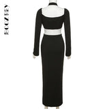 BoozRey Sexy Hipster Midi Dress Women Cleavage Hollow Backless Full Sleeve Solid Party Robe Female Slim High Street Attirewear