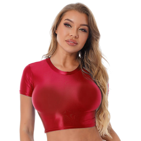 Womens Glossy Two-piece Outfit Oil Shiny Smooth High Waist Mini Skirt with Tank Top Nightclub Rave Outfit Pole Dancing Clubwear