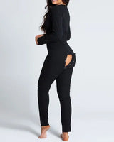 Sexy Pyjama Women's Long Sleeves Homewear Suit Button-Down Front Back Butt Bum Open Ass Flap Jumpsuit Loungewear Christmas Print