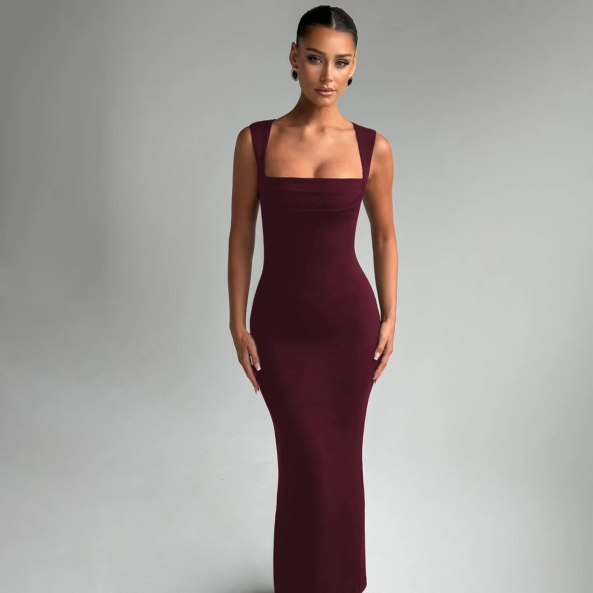 Hugcitar Women Elegant Solid Square Collar Straps Sexy Bodycon Maxi Prom Dress Summer Women Y2K Clothes Evening Party Birthday