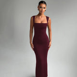Hugcitar Women Elegant Solid Square Collar Straps Sexy Bodycon Maxi Prom Dress Summer Women Y2K Clothes Evening Party Birthday