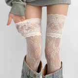 Women Fishnets Stockings Sexy Lace Fishnet Floral Knee High Socks Breathable Hollow-out JK Mesh Lolita Retro Thigh Highs Socks
