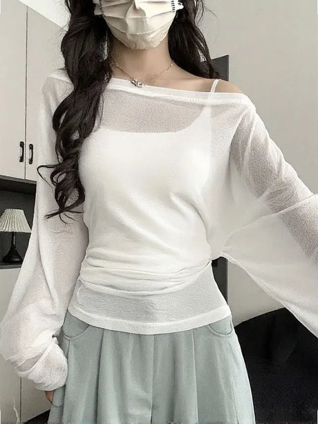 See Through Long Sleeve Oversize T Shirt Women Sexy Back Bandage Off Shoulder Top Female Basic Long Tees Korean Chic Lady New