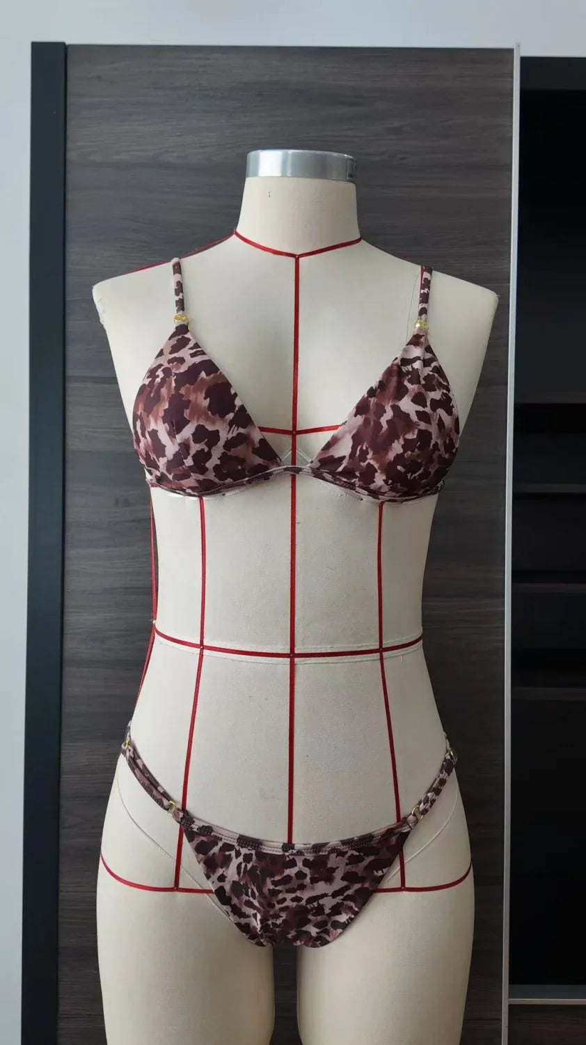 2025 Women's Leopard Print Triangle Strap-up Split Bikini Swimsuit Internet Celebrity Beach Seaside Sexy Bikini Swimsuit