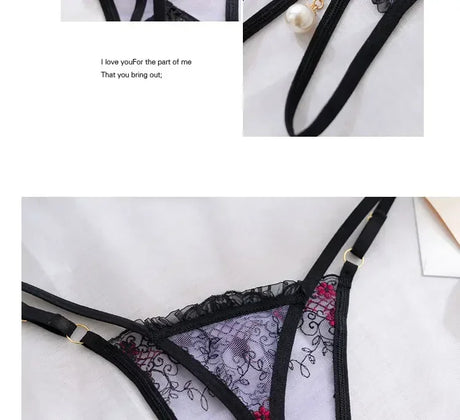 Women Sexy Crotchless Thong with Pearl Pendant Lace Embroidery Transparent G-string Tanga Underwear Lingerie