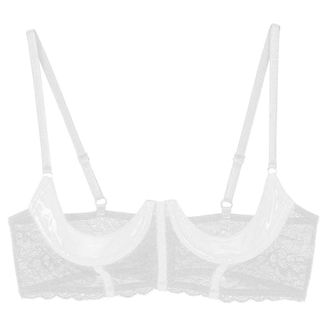 Womens Sexy Open Cup Underwired Bra Patent Leather See-through Floral Lace Brassiere Exposed Nipple Lingerie Underwear Nightwear