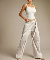 Women High Waist Wide Leg Pants Loose Wrap Tie Knot Asymmetric Pleated Trousers Beach Casual Bottoms