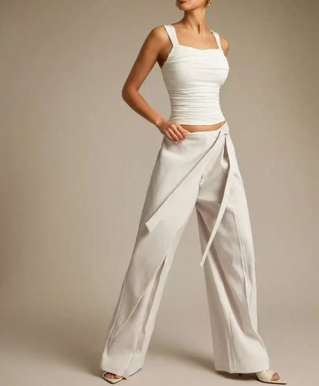 Women High Waist Wide Leg Pants Loose Wrap Tie Knot Asymmetric Pleated Trousers Beach Casual Bottoms