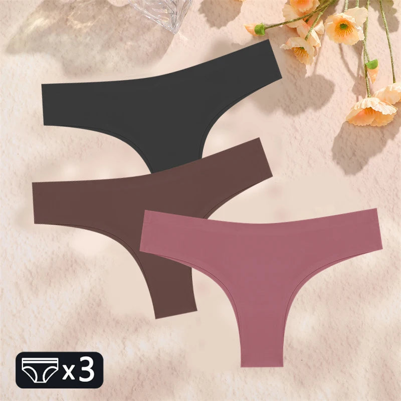 FINETOO 3PC Women Seamless Panties Sexy Brazilian Thong Female Low Waist Solid Color Briefs Comfortable Invisible G-string Panty