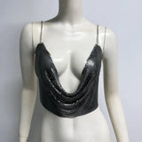 Fashion Metallic Sequins Party Tank Top Sexy Deep V Neck Backless Spaghetti Straps Sling Crop Top 2024 Rave Nightclub Camisole