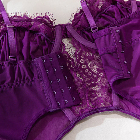 Sexy Purple Eyelash Lace Lingerie Set 3Pcs Mesh Transparent Fishbone Bustier Bra Panty with Stockings Sensual Underwear