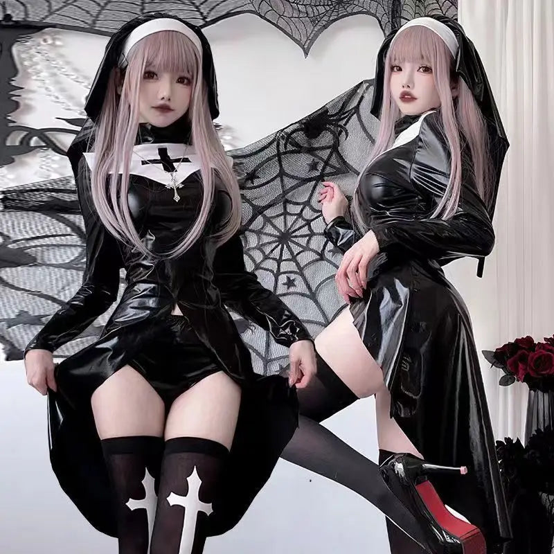 Saintlike Seductress Costume Sexy Vinyl Nun Halloween Costume Fancy Dress