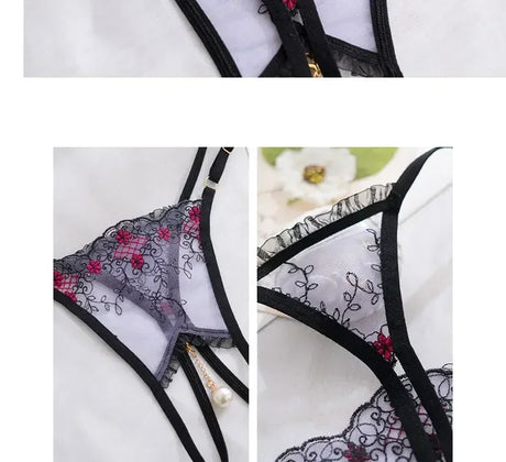 Women Sexy Crotchless Thong with Pearl Pendant Lace Embroidery Transparent G-string Tanga Underwear Lingerie