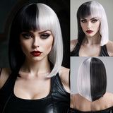 Cosplay Halloween Party Wigs CRUELLA Deville De Vil Black White With Bangs Short Bob Hair for Women Heat-Resistant Synthetic Wig