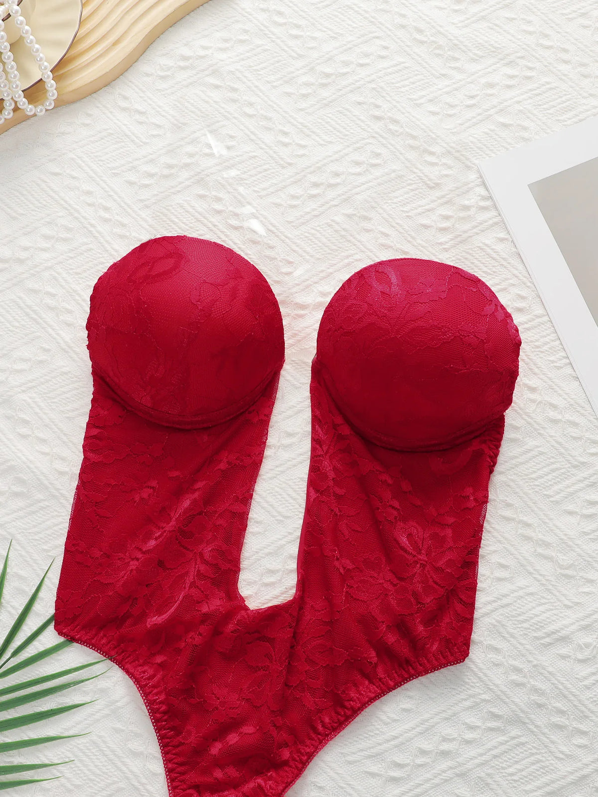 Red Lace Underwire Bodysuit Deep V Plunge Teddy Lingerie Removable Clear Strap Snap Crotch One Piece Shapewear A8188