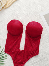 Red Lace Underwire Bodysuit Deep V Plunge Teddy Lingerie Removable Clear Strap Snap Crotch One Piece Shapewear A8188