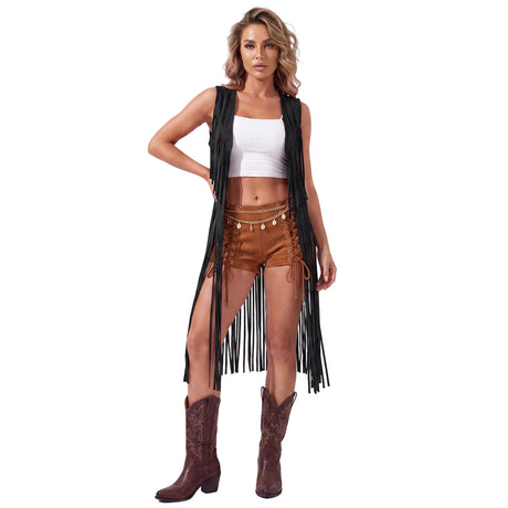 Women's Tassel Long Vest Fashionable Western Style Solid Color Open Front Cowgirl Sleeveless Jacket