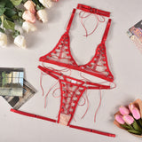 ‌Bandage Lingerie Set Sheer Mesh Bra Thong 3Piece Transparent Hollow Out Lace Underwear for Women