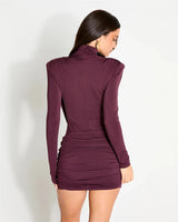Mozision High Neck Shoulder Pads Long Sleeve Sexy Mini Dress Women Draped Cross Front Ruched Slim Bodycon Nightclub Party Dress