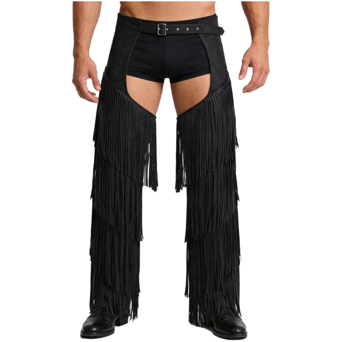 Mens Western Cowboy Chaps Fuax Suede Tassel Hollow Out Open Crotch Long Pants Adjustable Buckles Waist Motorcycle Biker Trousers