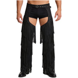 Mens Western Cowboy Chaps Fuax Suede Tassel Hollow Out Open Crotch Long Pants Adjustable Buckles Waist Motorcycle Biker Trousers