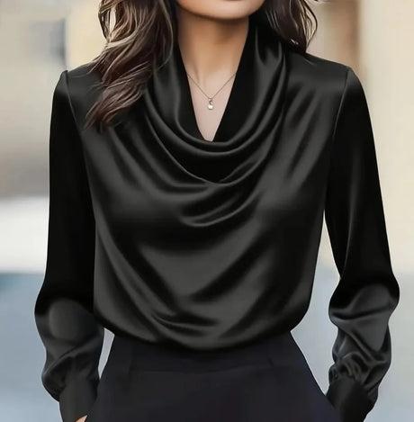 Autumn Fashion Elegant Temperament Solid Colour Simple Swing Collar Long-Sleeved Shirt Women