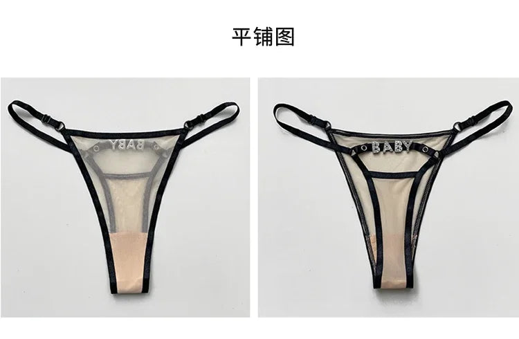 Baby Rhinestone Letter Sexy Thongs Women's Mesh Breathable Thin Perspective Underwear Low Waist Hollow Out Erotic Briefs String