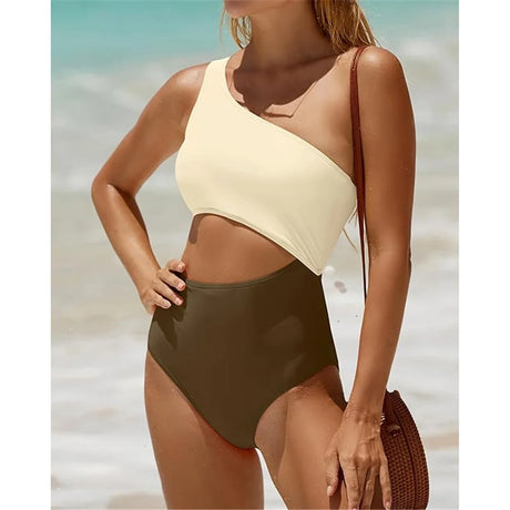 Vzvn 2026 New Women Swimwear Female Padded Bather Bathing Suit Swim Colors Cut Out One Shoulder Splicing One Piece Swimsuit