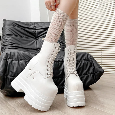 Height Increasing Women's High Boots Black Leather Thick Bottom Platform Shoes Side Zip Gothic Punk Short Boots Street Style