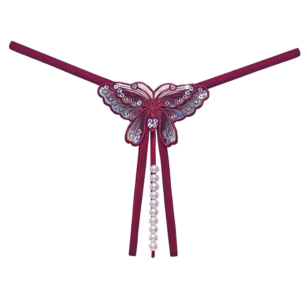 2026 Sex Thongs Embroidery Butterfly Sequin Pearl Massage Panties Sexy Lingerie Women's Open Crotch Lace T-back Female Underwear