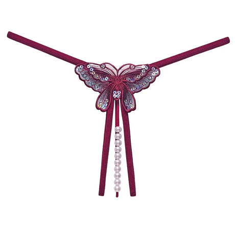 2026 Sex Thongs Embroidery Butterfly Sequin Pearl Massage Panties Sexy Lingerie Women's Open Crotch Lace T-back Female Underwear