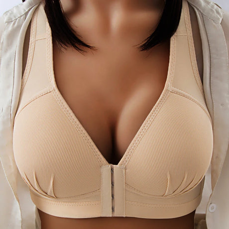 Women's Bra Wire-Free Front Closure Solid Color Full Coverage Fixed Cups Push up Brassiere Gather Bra Shockproof Underwear