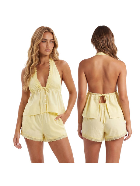 Women Summer Casual Outfit Lace Trim Halter Babydoll Tops and Shorts Solid Color 2 Pieces Sets