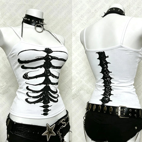 Y2K Gothic Alt Sleeveless Crop Top Vintage Grunge Skeleton Front Back Graphic Slim Women Skeleton Ribcage Spine Cami Tank Tops