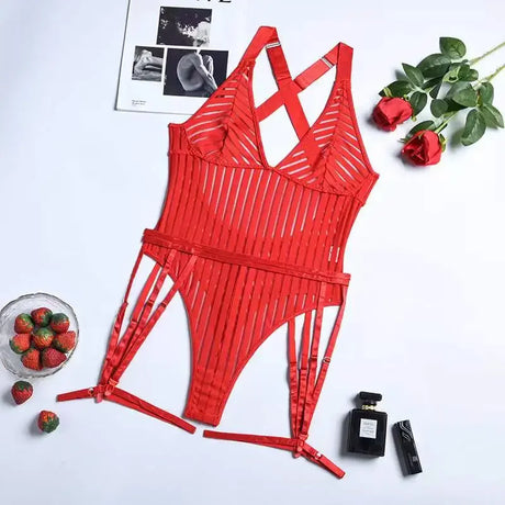 Sexy Lingerie Strip See Through Bodysuit Deep-V Halter Erotic Costumes Backless Jumpsuit Suspenders Underwear Women Garter 2024